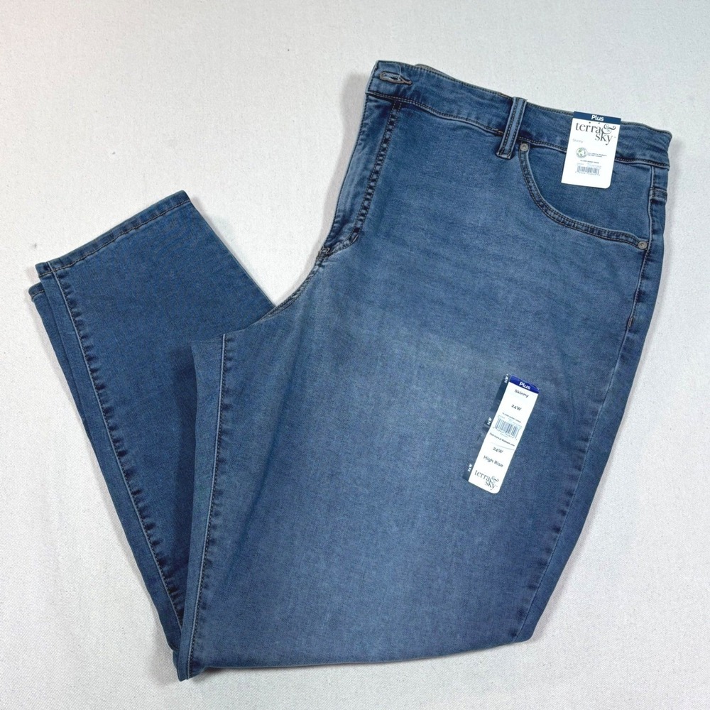 Terra & Sky Womens 24W Plus High Rise Skinny Jeans Medium Wash Blue NWT